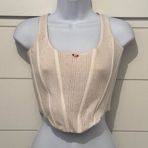 With Jean Cream Ribbed Corset Crop Top w Back Zipper, Women’s S